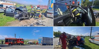 Mașină distrusă de un autocamion care transporta păsări vii: bărbat găsit încarcerat de pompieri!