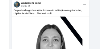 Mesaj de condoleanțe transmis de Jandarmeria Vaslui după moartea căpitanului Diana Iacob