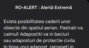 Vasluienii, speriați cu un mesaj Ro-Alert: Posibilitatea căderii unor obiecte din spațiul aerian