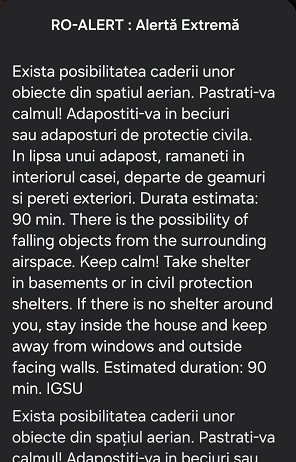 Vasluienii, speriați cu un mesaj Ro-Alert: Posibilitatea căderii unor obiecte din spațiul aerian